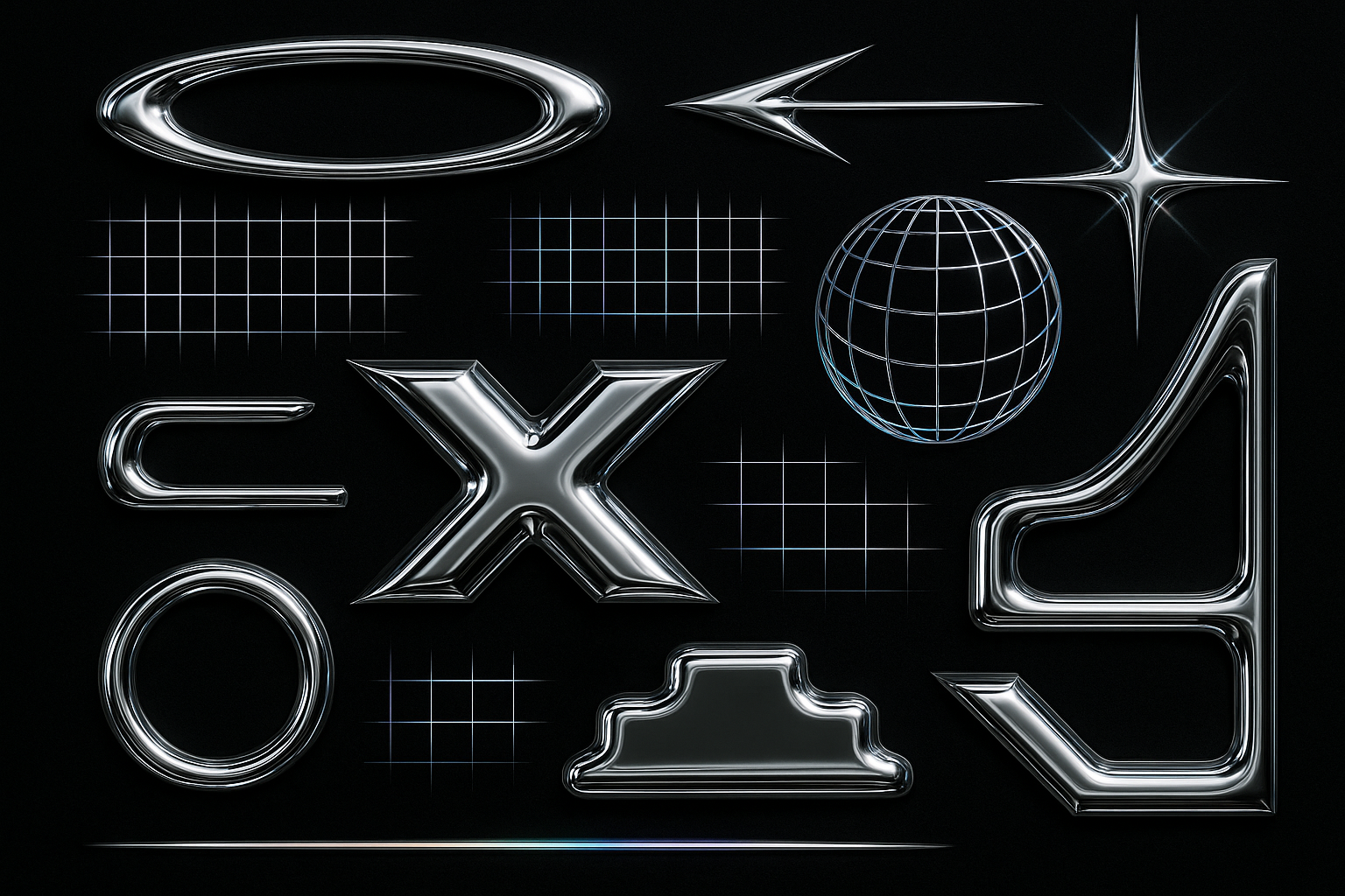 Sfondo nero con dettagli cromati in stile Y2k